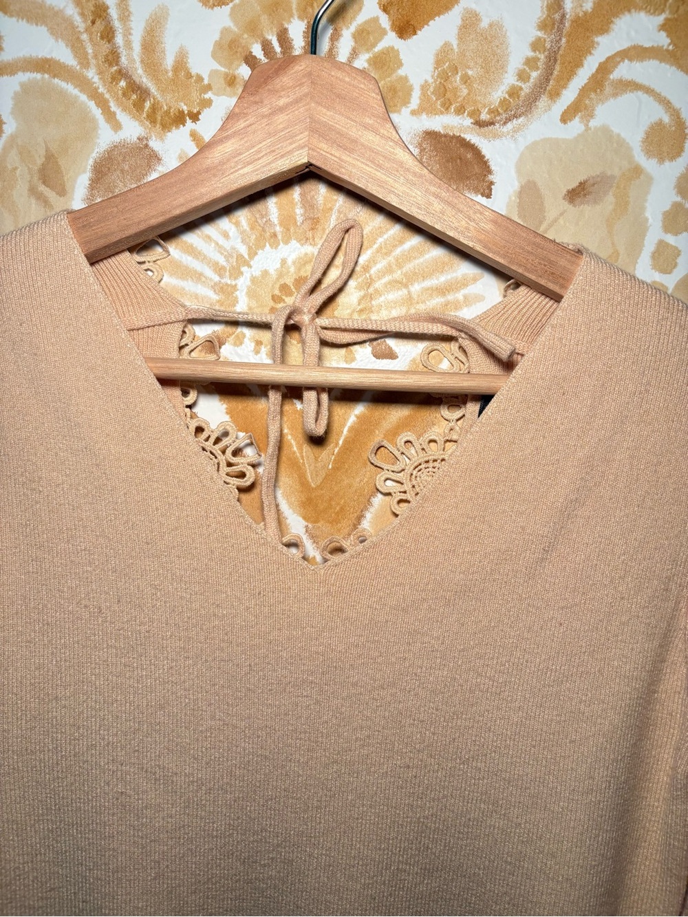 BTFBM Quiet Luxury Feminine Office Chic Camel Knit Sweater Dress Lace Back - Picture 6 of 10
